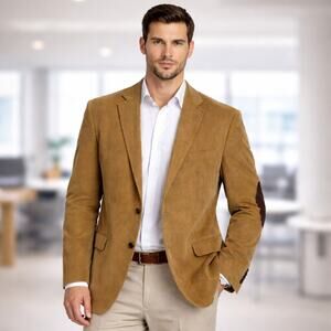 Chaps Mens Corduroy Blazer 44L Tan Elbow Patch Sport Coat Cotton Jacket